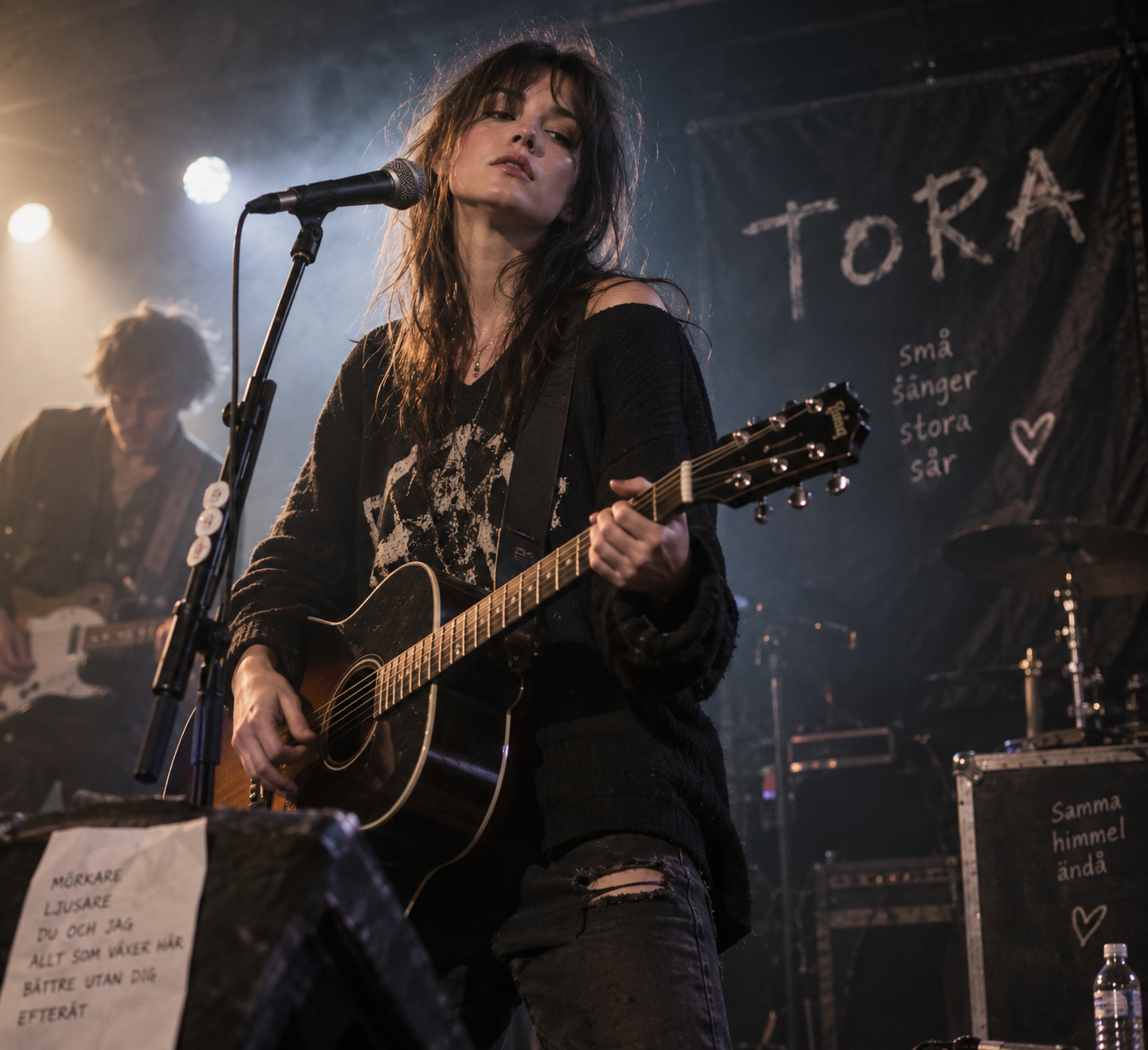 Tora spelar live på en liten klubbscen i dämpat ljus.