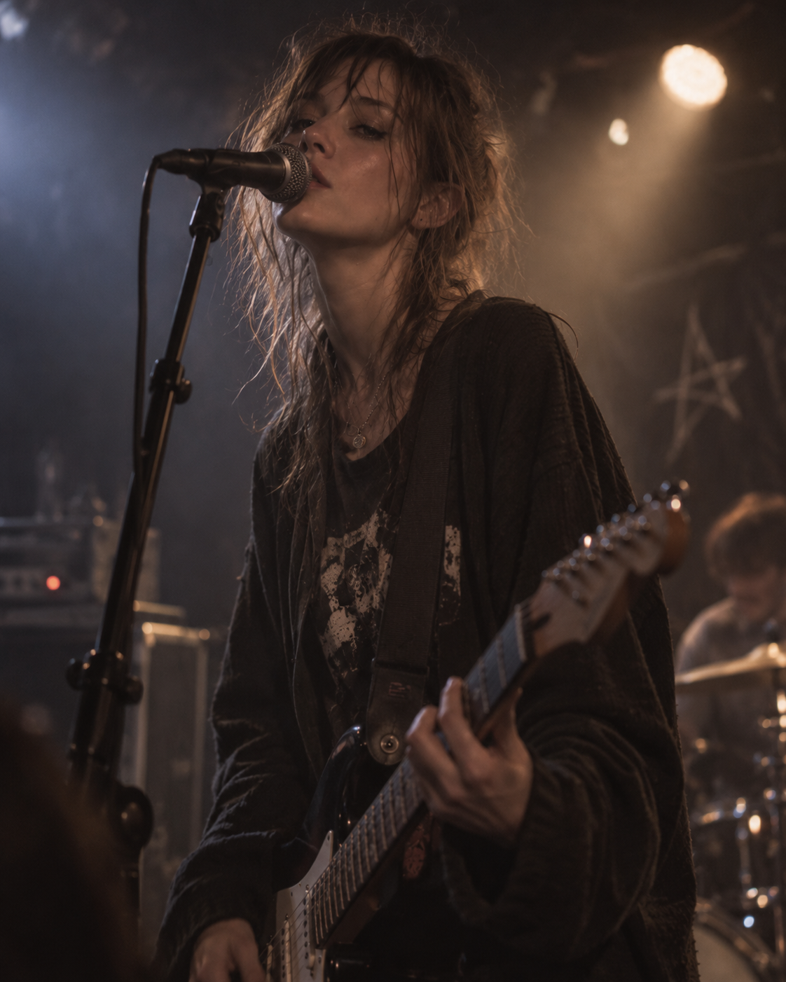 Tora spelar live med elgitarr på en liten scen i blått och varmt ljus.