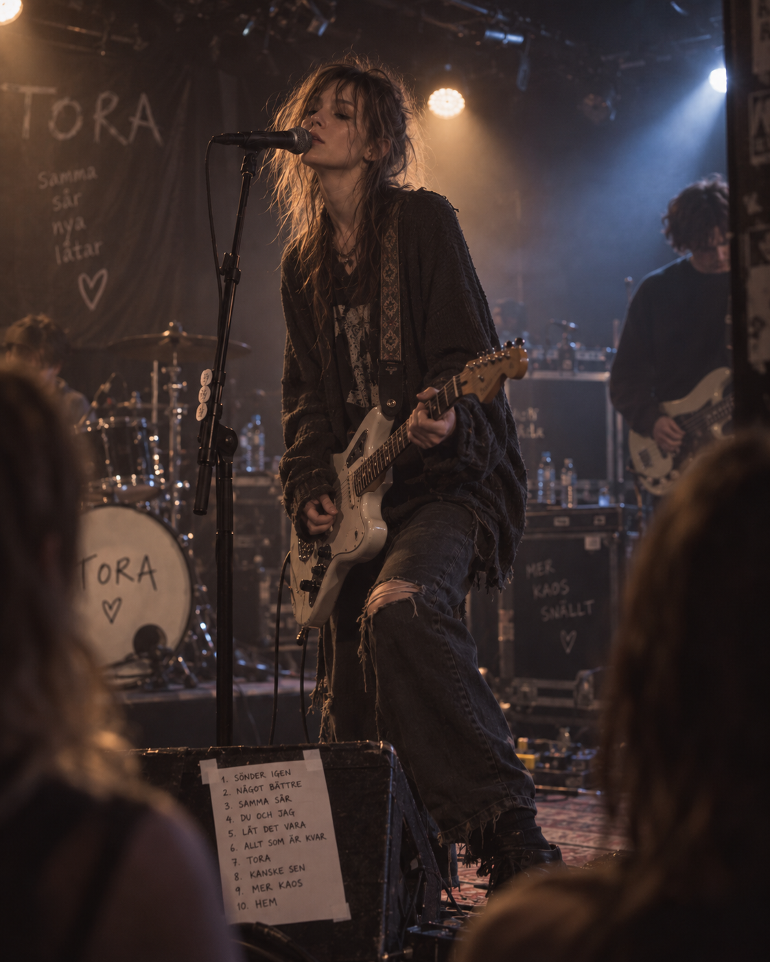 Tora spelar elgitarr och sjunger på en rökig klubbscen inför publik.